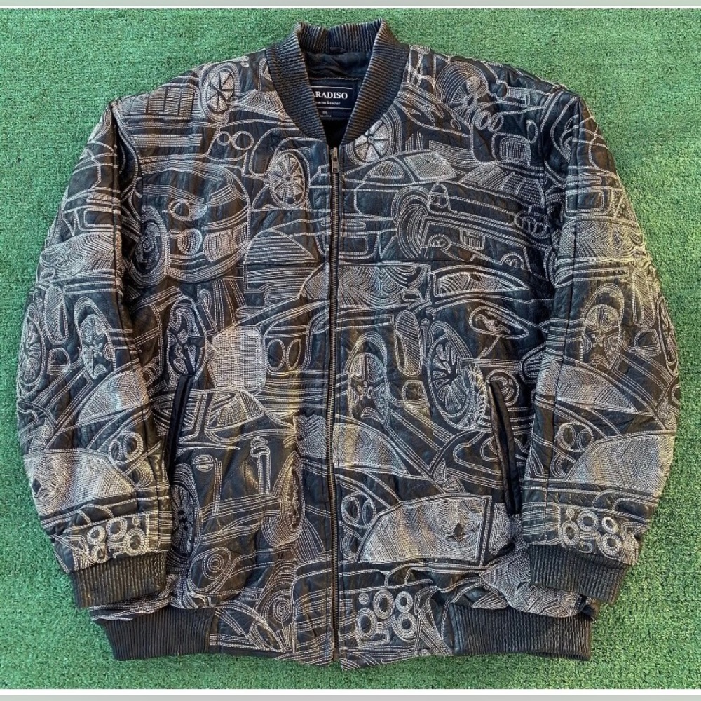 Vintage Y2K Paradiso Stitched Embroidered Car Black Leather Jacket Men’s SZ 4XL